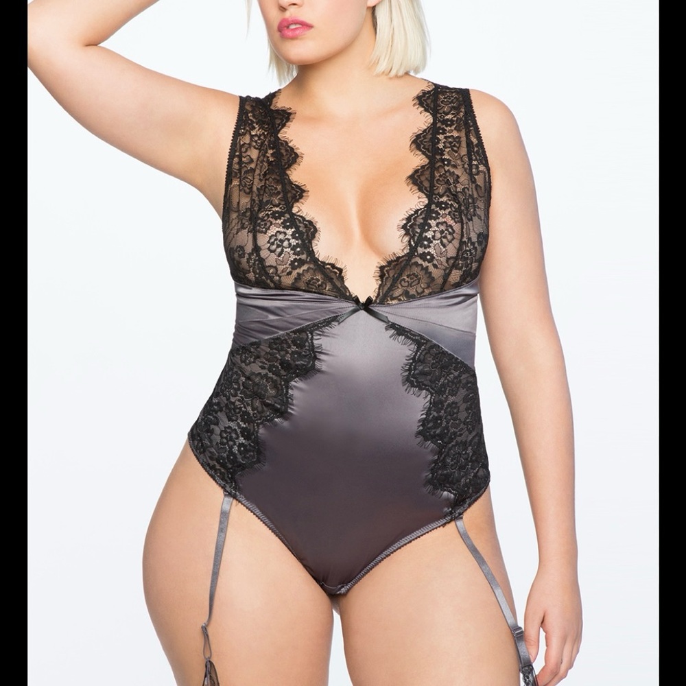 Eloquii Black  Gray Eyelash Lace Plunge Neckline Teddy Garter Bodysuit Size 1X